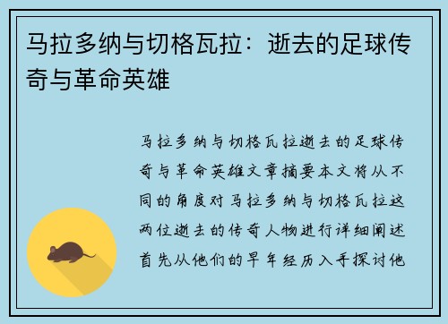 马拉多纳与切格瓦拉：逝去的足球传奇与革命英雄
